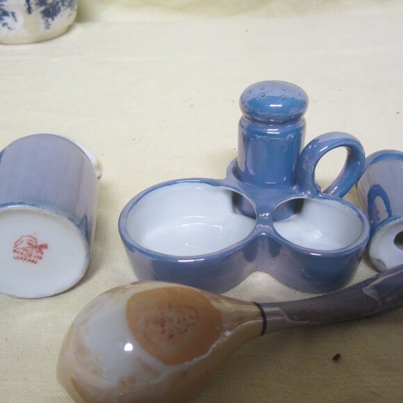 VTG JAPANESE CONDIMENT SET WITH SPOON, BLUE LUSTERWARE - Picture 4 of 5